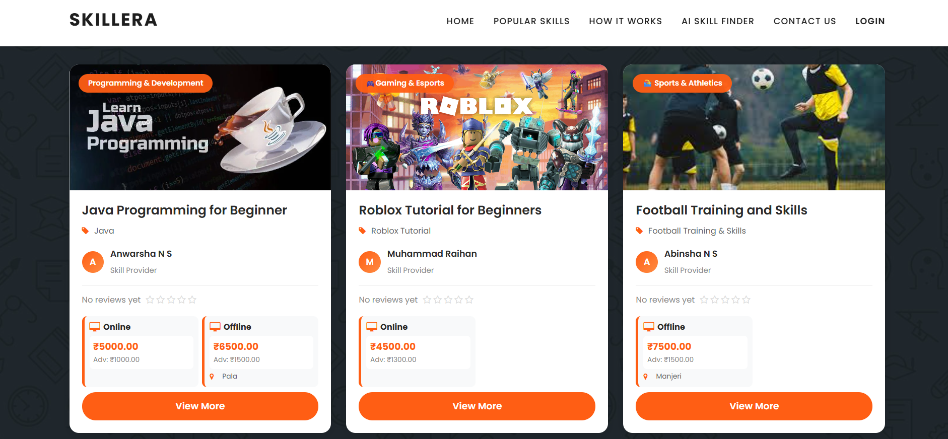 Skillera E-Learning Platform interface created by Anwarsha N S